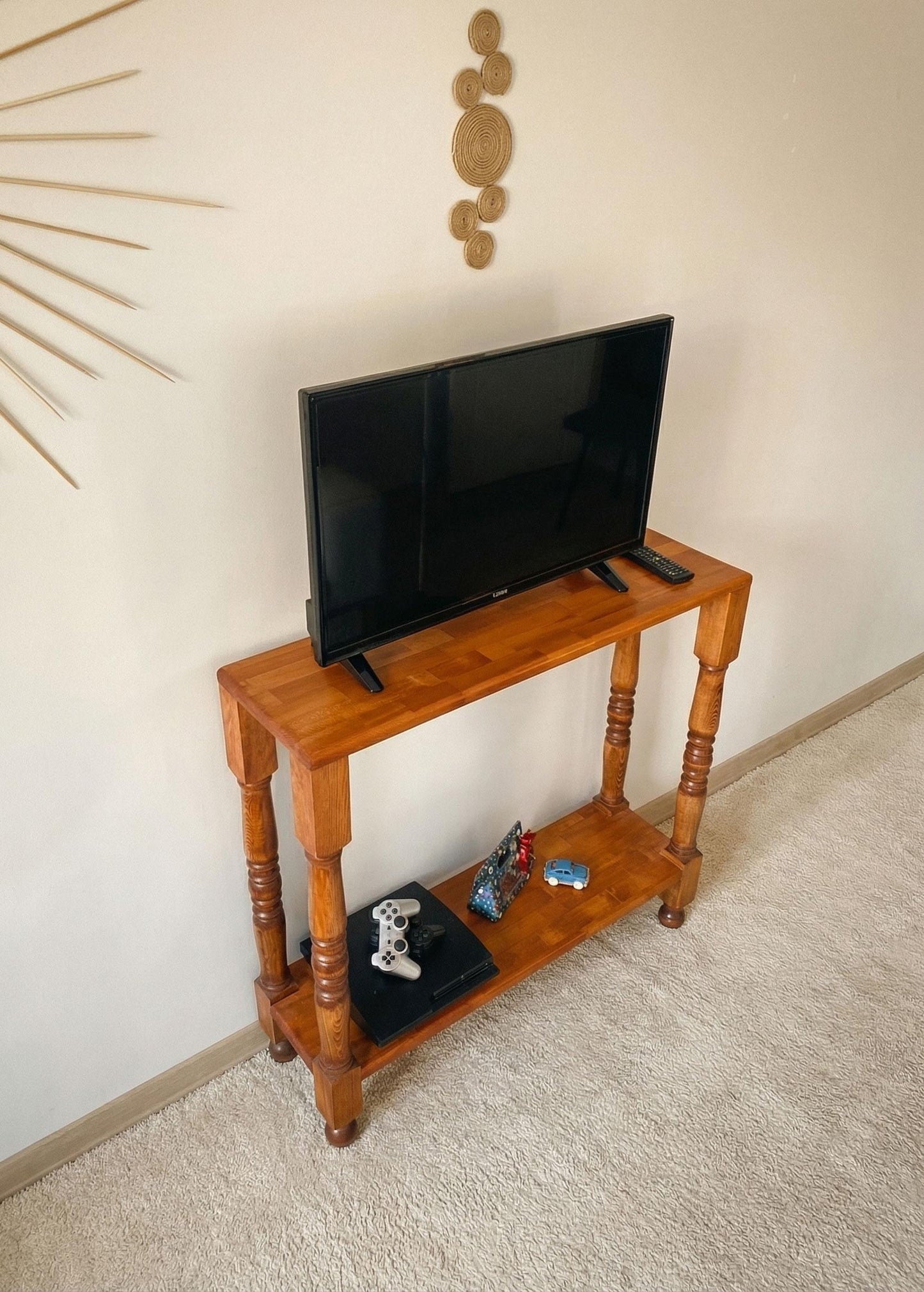 Rustic Tv Stand, Console Table with Turned Legs, Small Space Wood Furniture