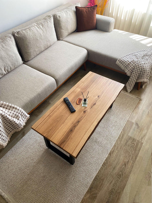 Walnut Coffee Table with Steel Legs, Mid Century Modern Live Edge Hard Wood Table