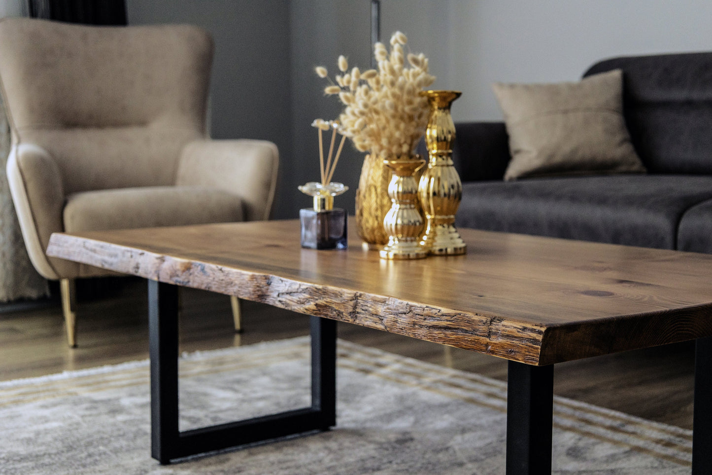 Live Edge Coffee Table, Solid Wood with U Shaped Legs, Modern Style