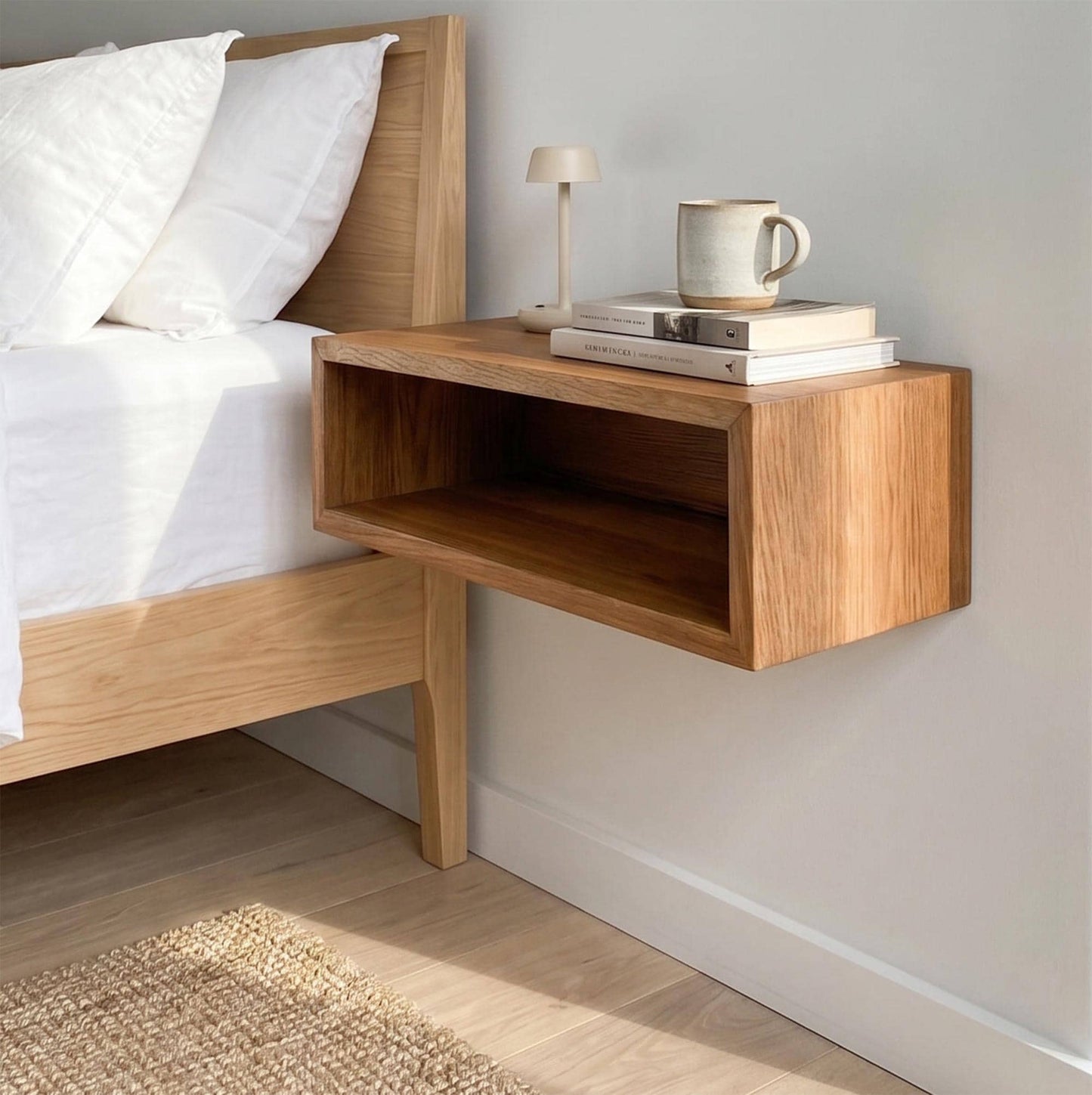 Solid Oak Floating Nightstand, Narrow Bedside Table, Thick Wood Wall Mounted Bedroom Furniture