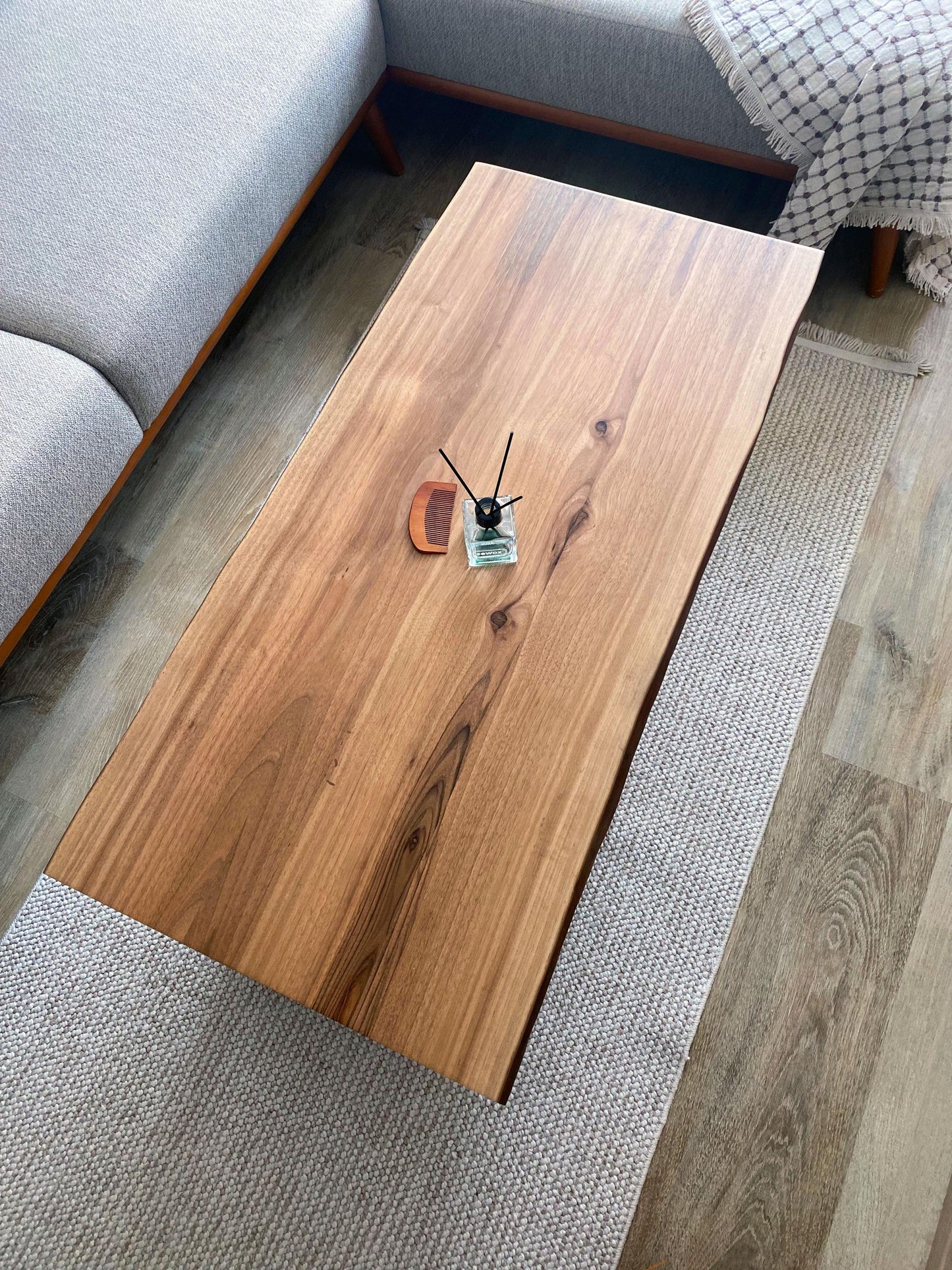 Walnut Coffee Table with Steel Legs, Mid Century Modern Live Edge Hard Wood Table