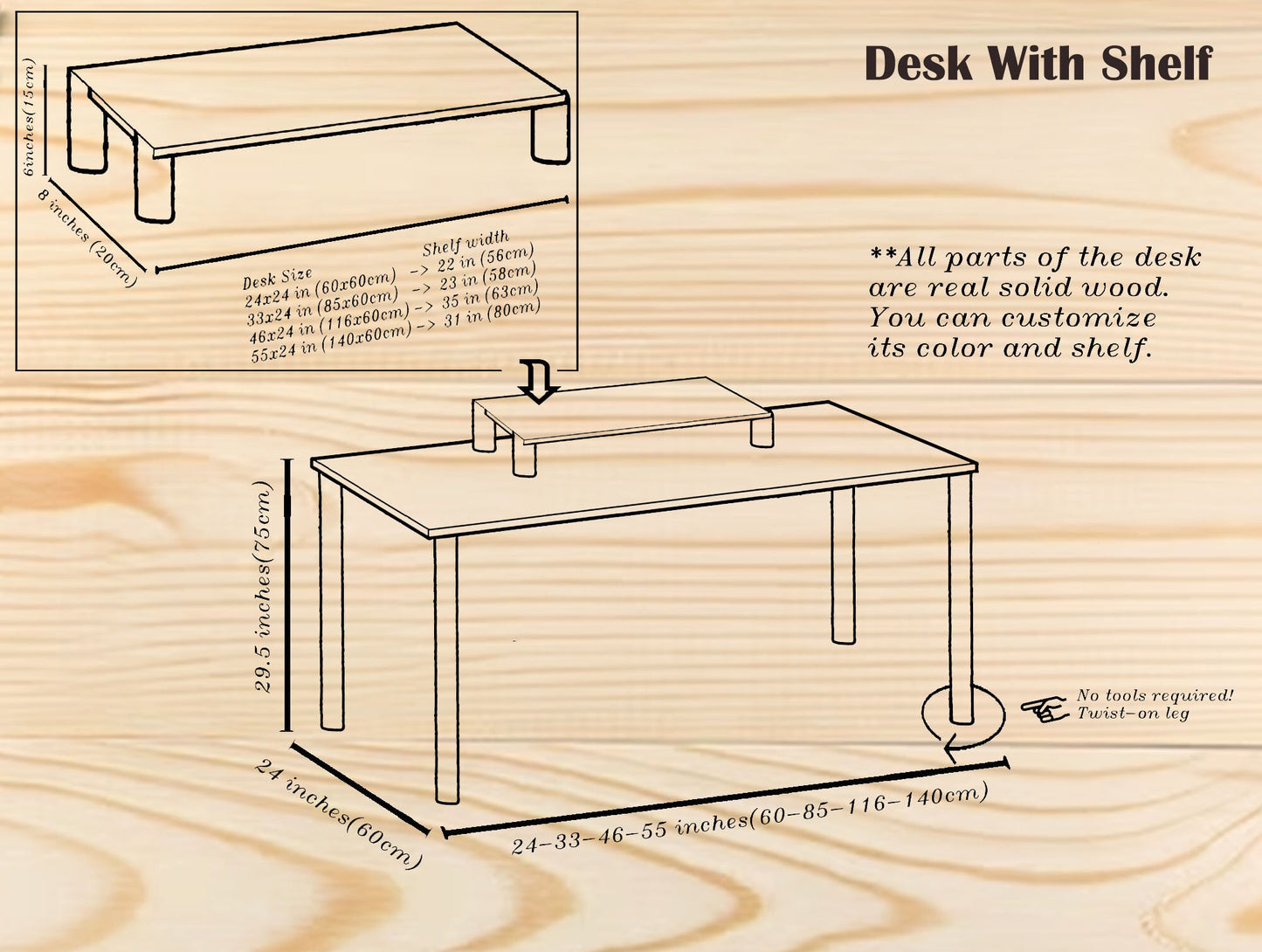 Desk, Computer Desk, Modern Home Office Wood Desk with Monitor Stand, Solid Wood Office Furniture With Shelf