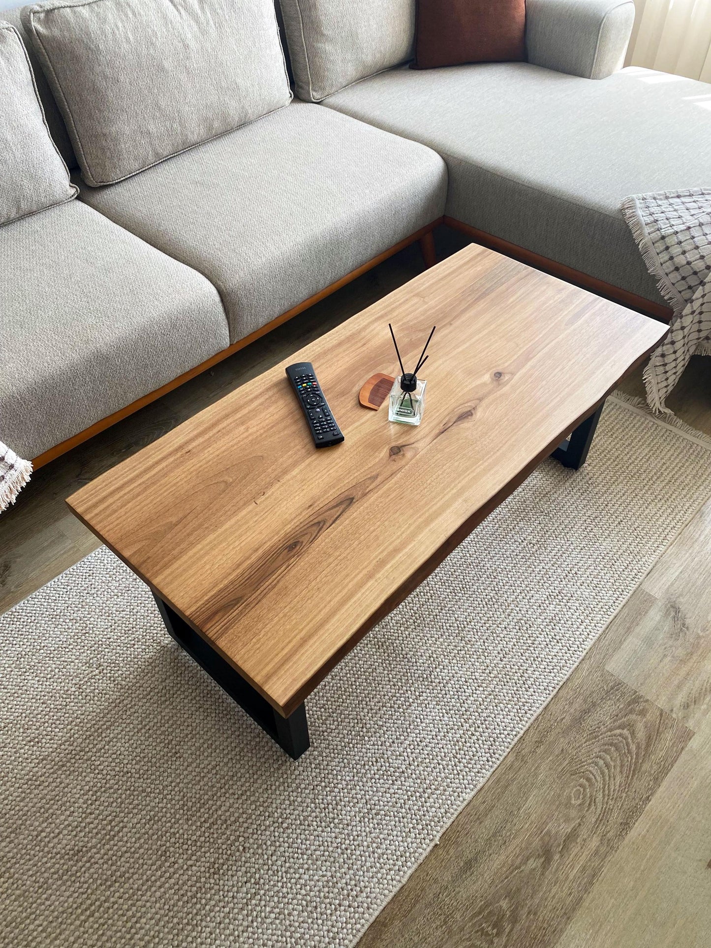 Walnut Coffee Table with Steel Legs, Mid Century Modern Live Edge Hard Wood Table