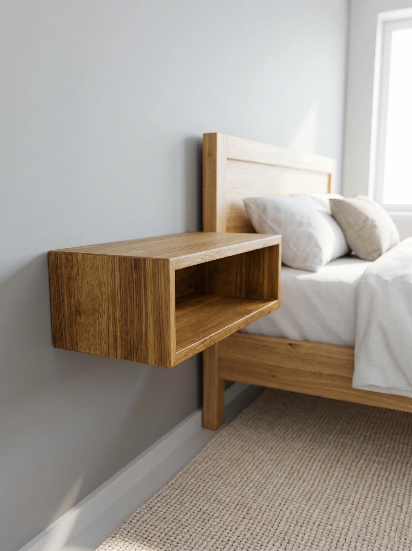 Solid Oak Floating Nightstand, Narrow Bedside Table, Thick Wood Wall Mounted Bedroom Furniture