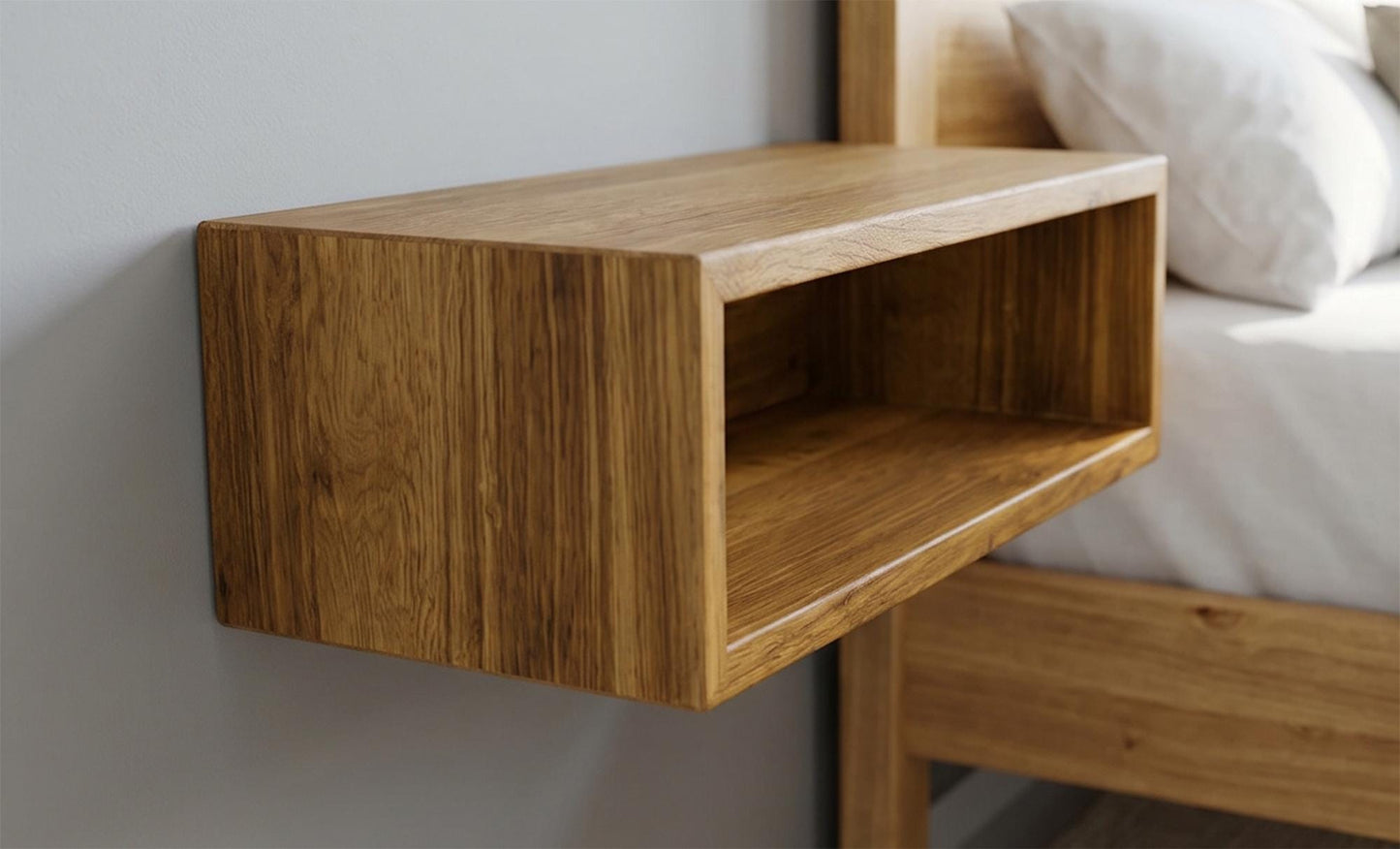 Solid Oak Floating Nightstand, Narrow Bedside Table, Thick Wood Wall Mounted Bedroom Furniture