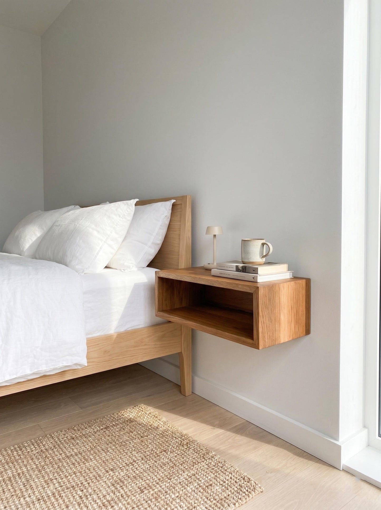 Solid Oak Floating Nightstand, Narrow Bedside Table, Thick Wood Wall Mounted Bedroom Furniture