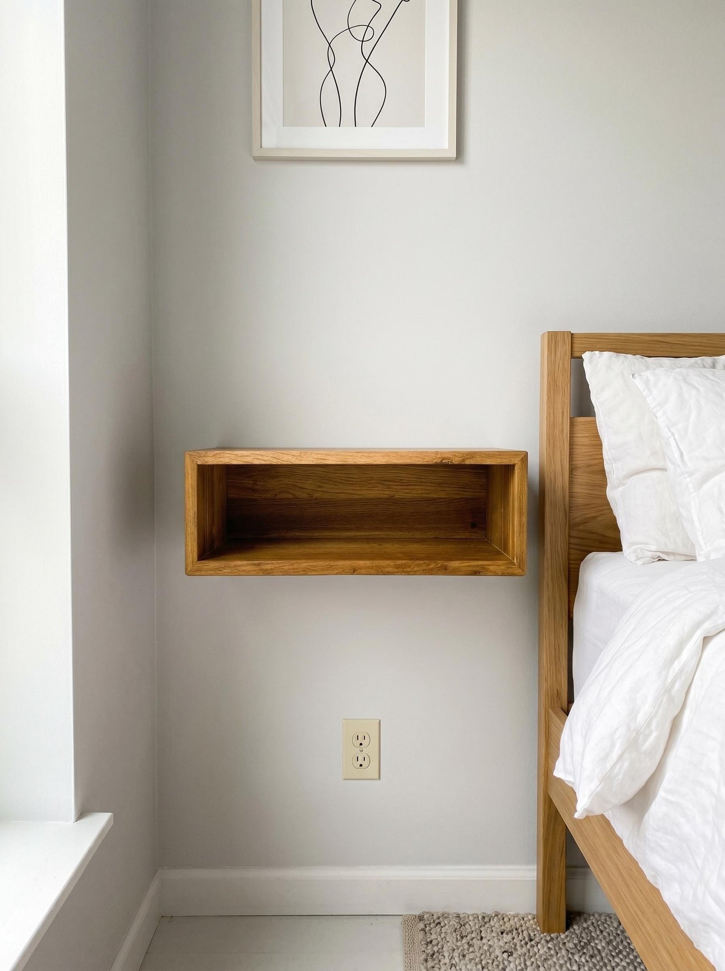Solid Oak Floating Nightstand, Narrow Bedside Table, Thick Wood Wall Mounted Bedroom Furniture