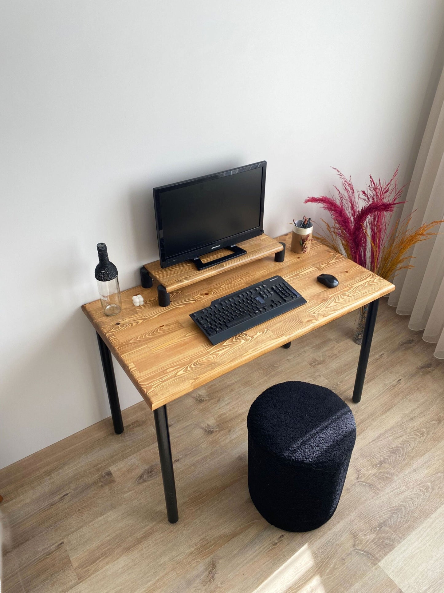 Desk, Computer Desk, Modern Home Office Wood Desk with Monitor Stand, Solid Wood Office Furniture With Shelf
