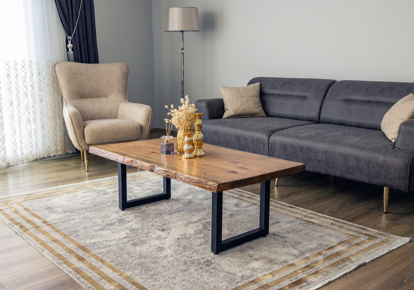 Live Edge Coffee Table, Solid Wood with U Shaped Legs, Modern Style
