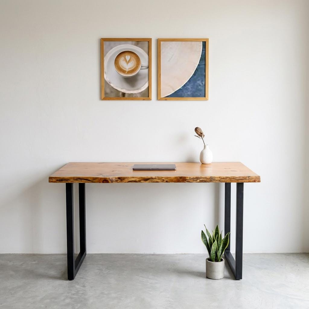 Live Edge Desk, Industrial Wood Table with Metal Legs, Rustic Wooden Office Furniture