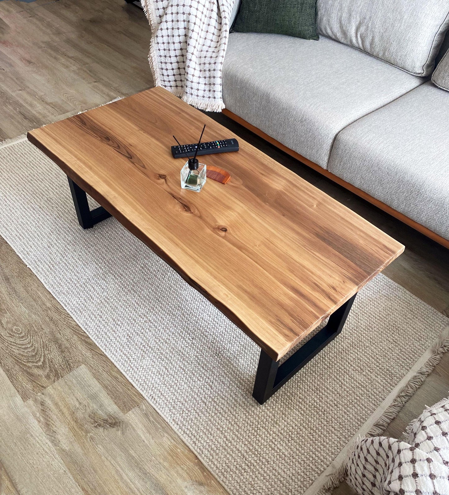 Walnut Coffee Table with Steel Legs, Mid Century Modern Live Edge Hard Wood Table