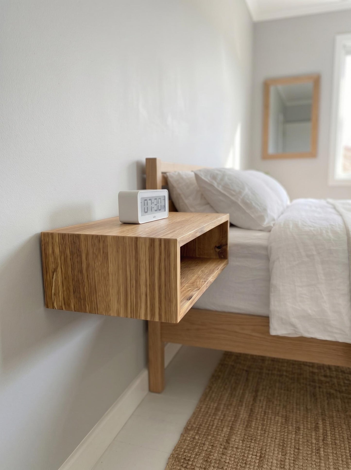 Solid Oak Floating Nightstand, Narrow Bedside Table, Thick Wood Wall Mounted Bedroom Furniture