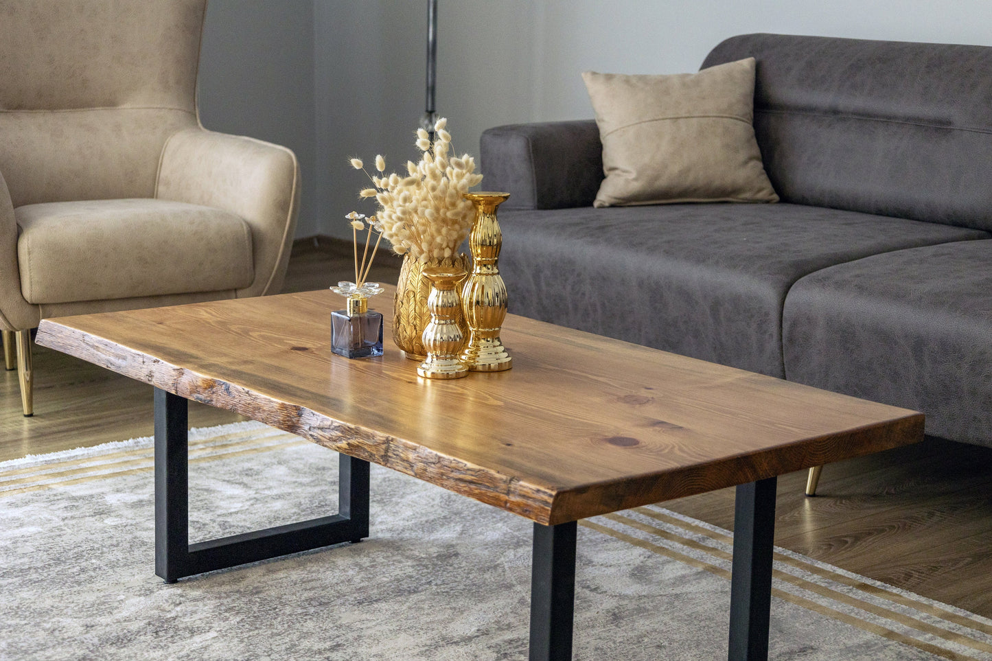 Live Edge Coffee Table, Solid Wood with U Shaped Legs, Modern Style