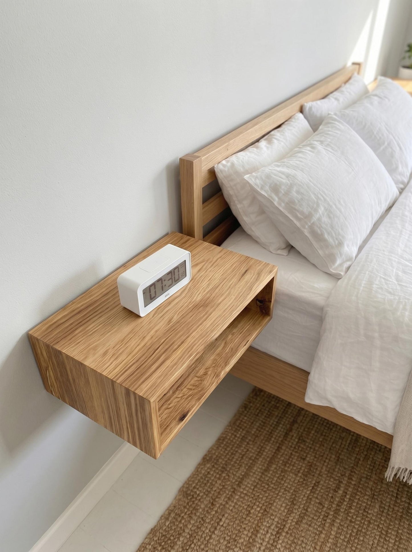 Solid Oak Floating Nightstand, Narrow Bedside Table, Thick Wood Wall Mounted Bedroom Furniture