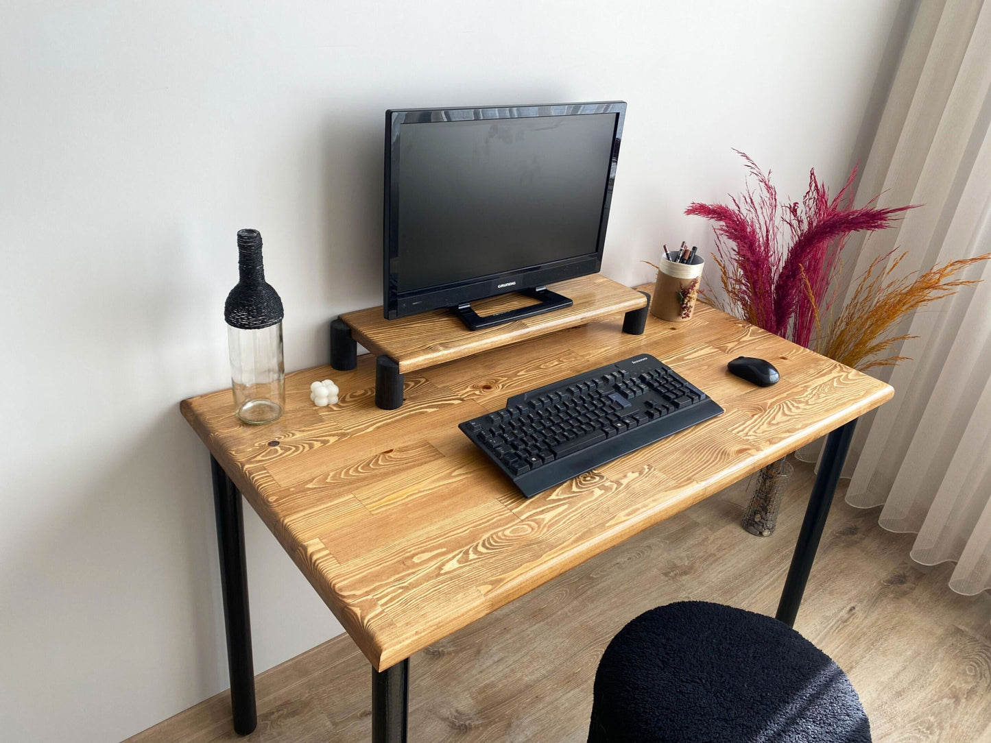Desk, Computer Desk, Modern Home Office Wood Desk with Monitor Stand, Solid Wood Office Furniture With Shelf