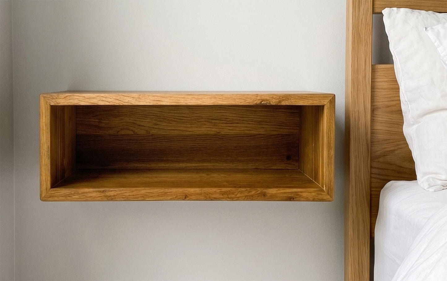 Solid Oak Floating Nightstand, Narrow Bedside Table, Thick Wood Wall Mounted Bedroom Furniture