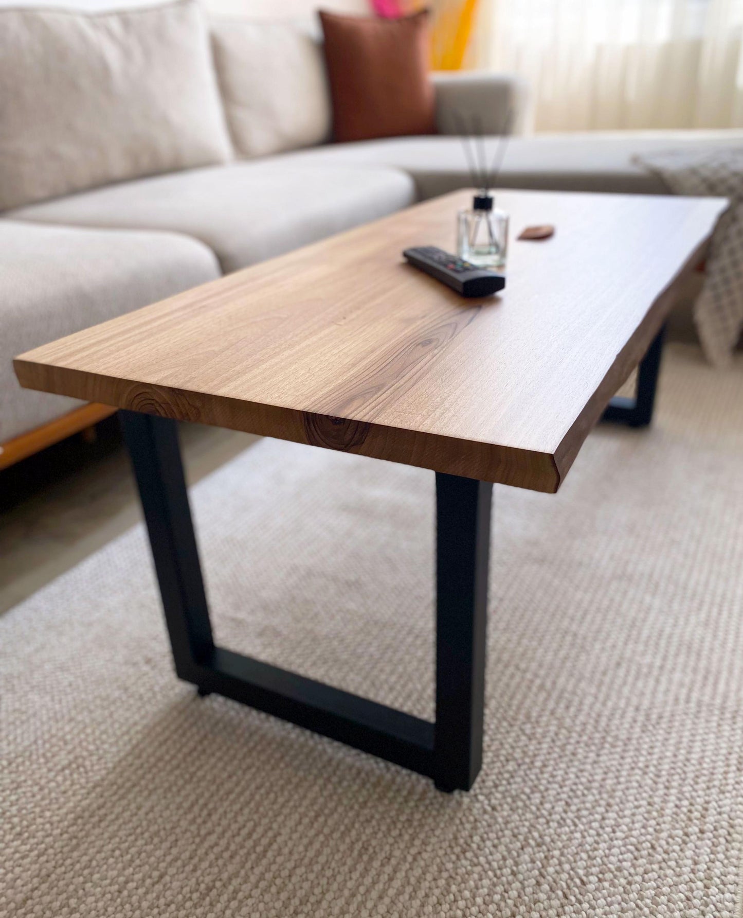 Walnut Coffee Table with Steel Legs, Mid Century Modern Live Edge Hard Wood Table