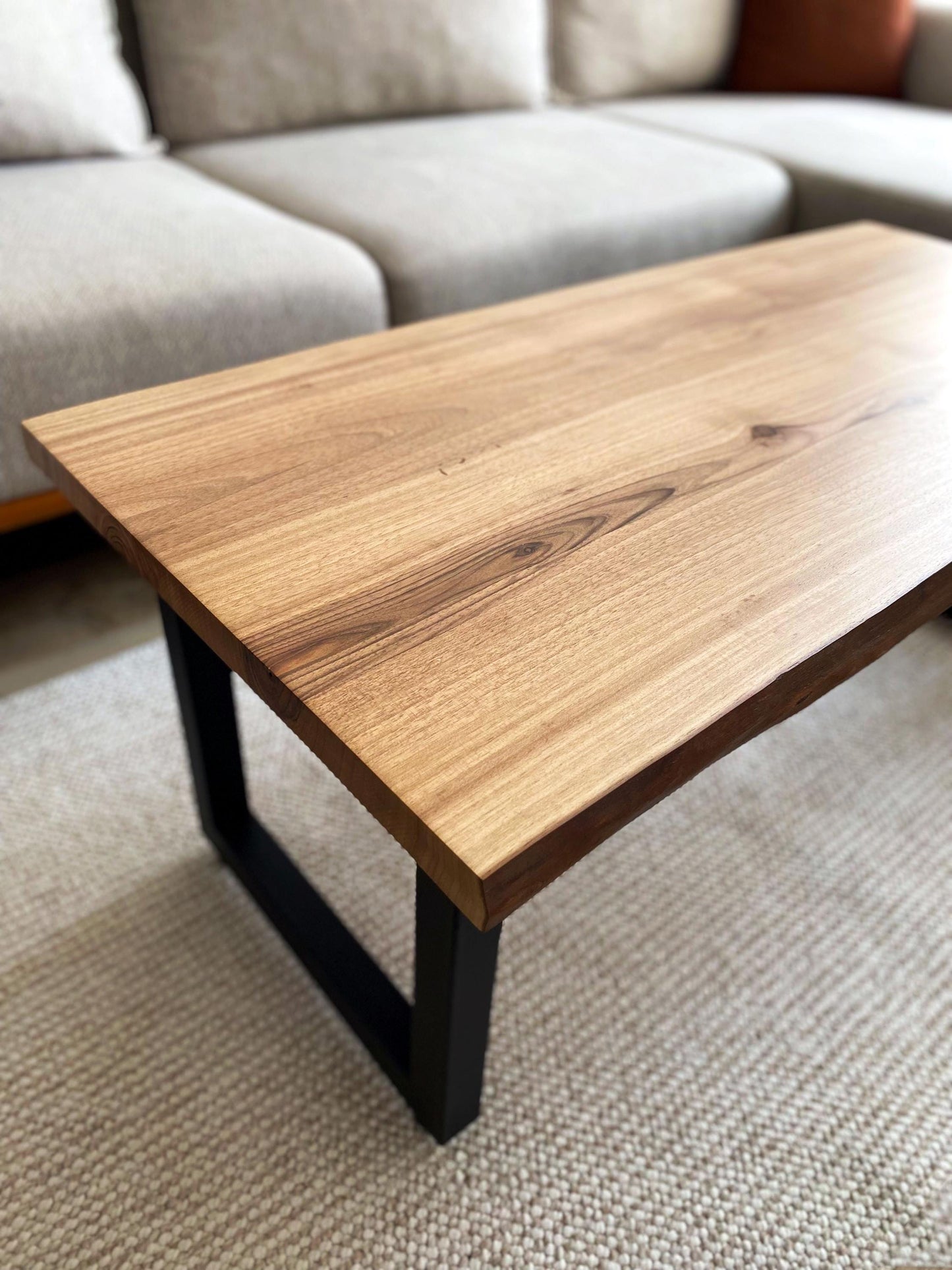 Walnut Coffee Table with Steel Legs, Mid Century Modern Live Edge Hard Wood Table